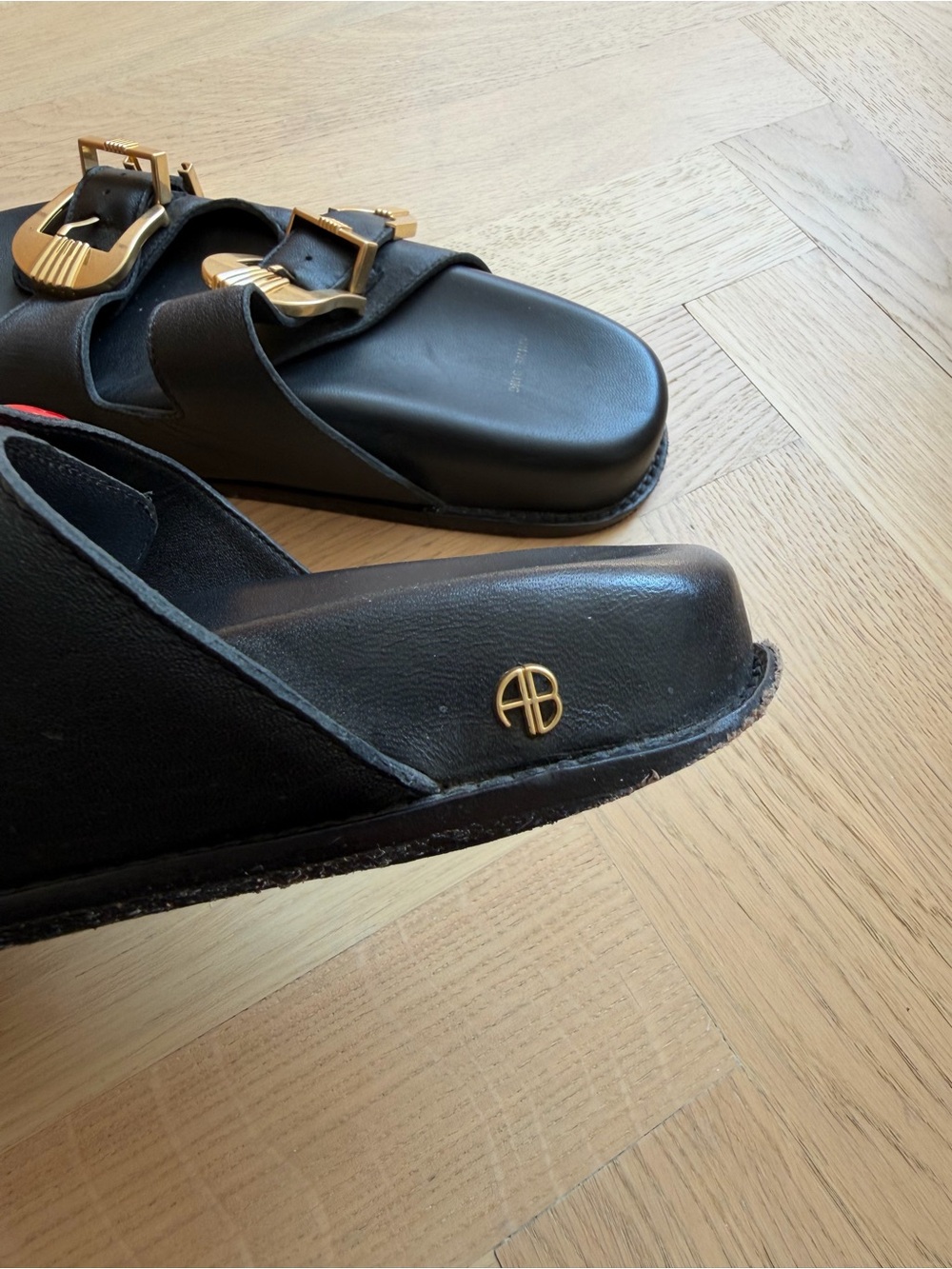 Anine Bing Black Leather Slide Sandals with Gold Buckles - Picture 11 of 16